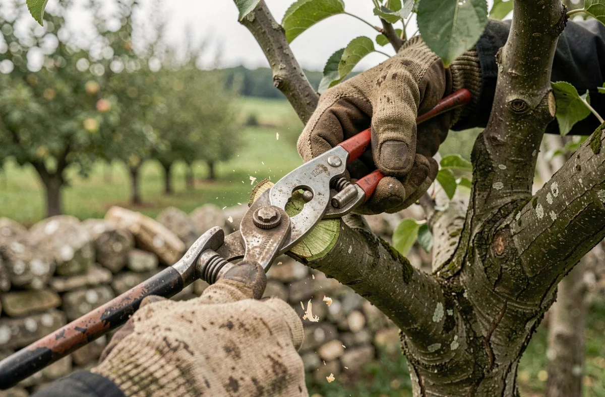 Gros plan sur les mains d'un élagueur effectuant une taille précise sur un arbre fruitier
