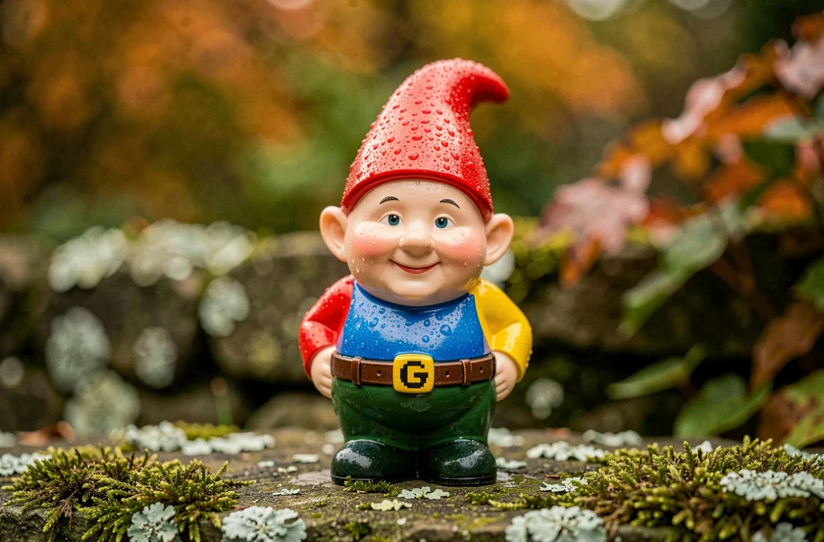 Gros plan d'un nain de jardin en céramique peint aux couleurs Google posé sur un muret moussu, avec des gouttes de rosée