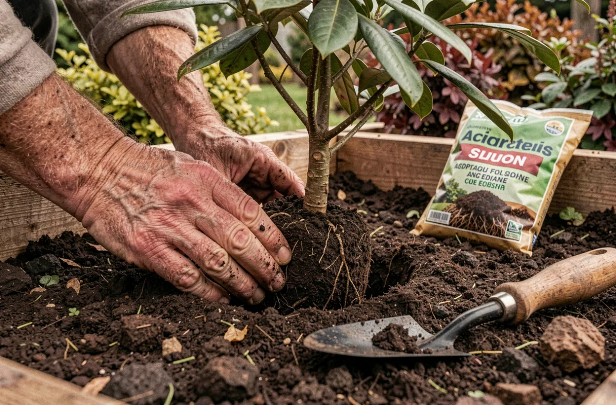 Gros plan sur la mise en terre d'un rhododendron avec engrais acidifiant et compost dans un massif surélevé
