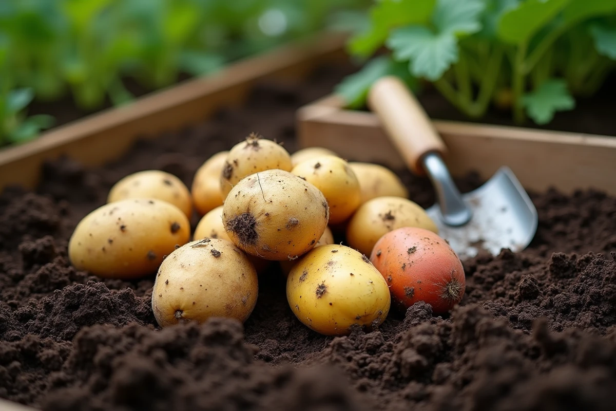 Gros plan sur des pommes de terre fraîchement déterrées avec de la terre et une truelle dans un potager