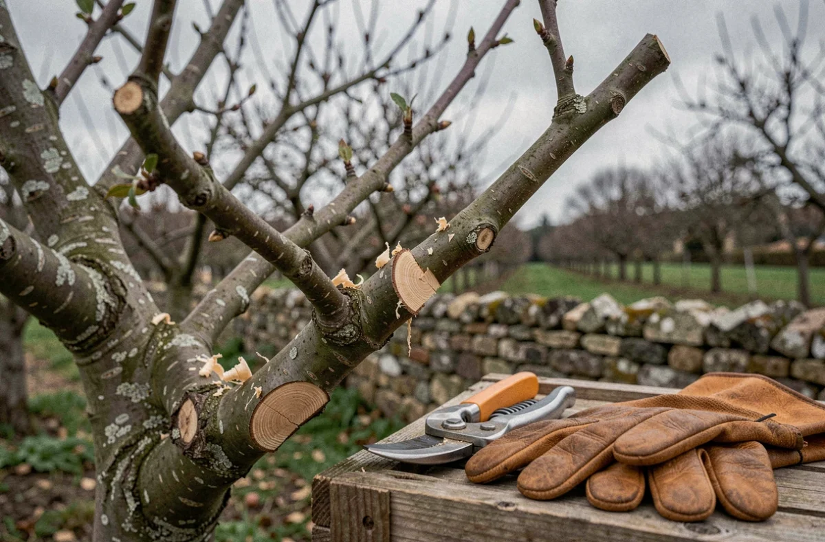 Gros plan sur des branches d'arbres fruitiers fraîchement taillées avec un sécateur professionnel posé sur une caisse en bois