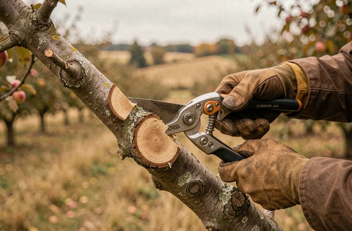 Gros plan sur les mains gantées d'un élagueur réalisant une taille précise sur une branche d'arbre fruitier dans un verger du Périgord