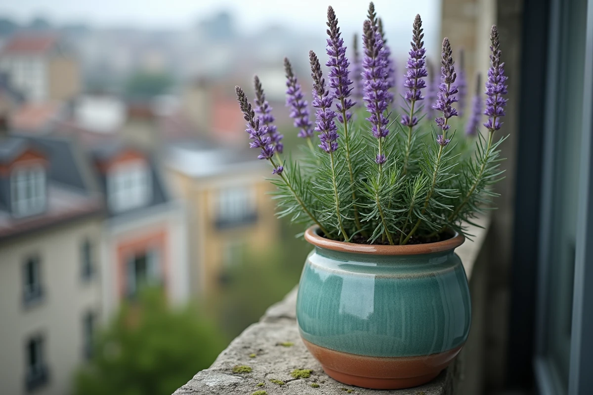 Gros plan sur les tiges taillées et les nouvelles pousses d'une sauge arbustive en pot sur balcon