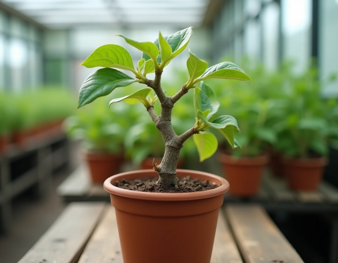 Gros plan sur les tiges d'un jeune arbre à crevette après taille de formation, avec bourgeons latéraux visibles