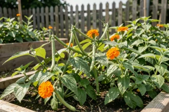 Culture de haricots verts en association avec des œillets d'Inde et du basilic dans un potager surélevé en bois