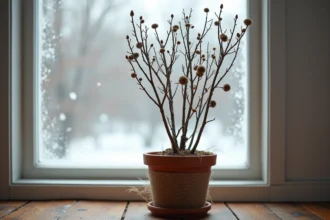 Hibiscus en pot en dormance hivernale posé près d'une fenêtre givrée à l'intérieur, tiges ligneuses apparentes et paillis protecteur
