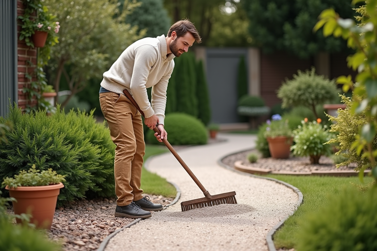 Jeune homme avec râteau sculptant un chemin de gravier