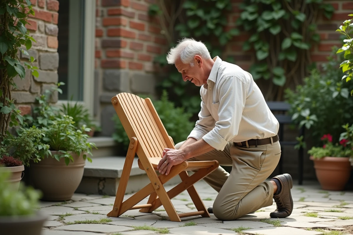 Homme âgé assemblant une chaise en bois dans un jardin