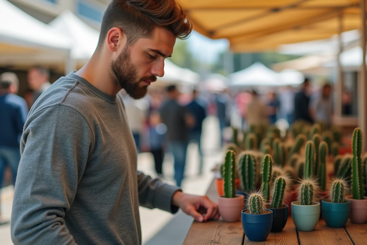 Homme choisissant un cactus dans des pots colorés sur un marché artisanal en plein air
