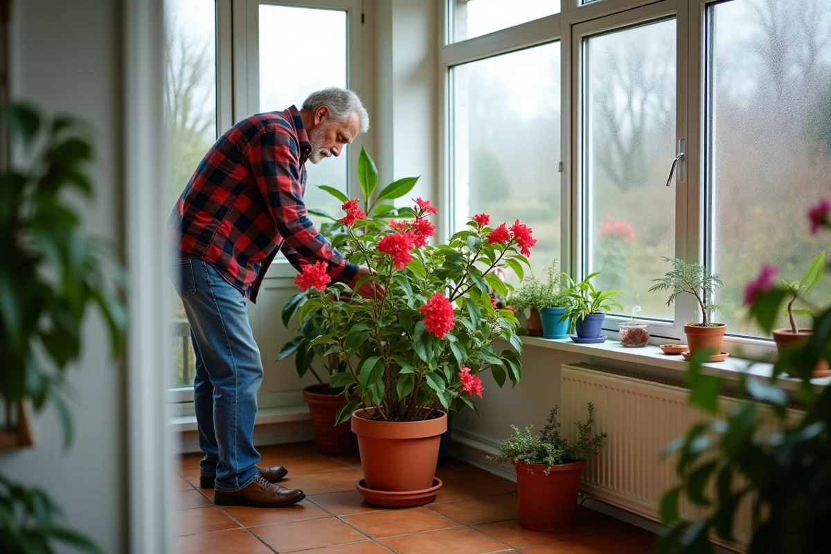 Homme posant une bougainvillée dans une véranda lumineuse