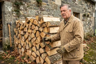 Homme empilant un stère de bois de chauffage en bûches de chêne contre un mur de pierre rustique