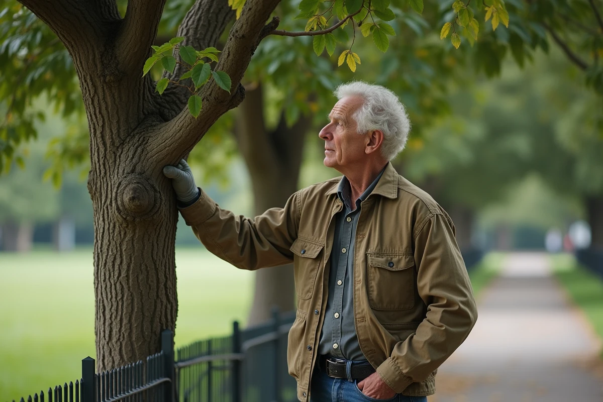 Homme âgé observant un lilas des Indes dans un parc public