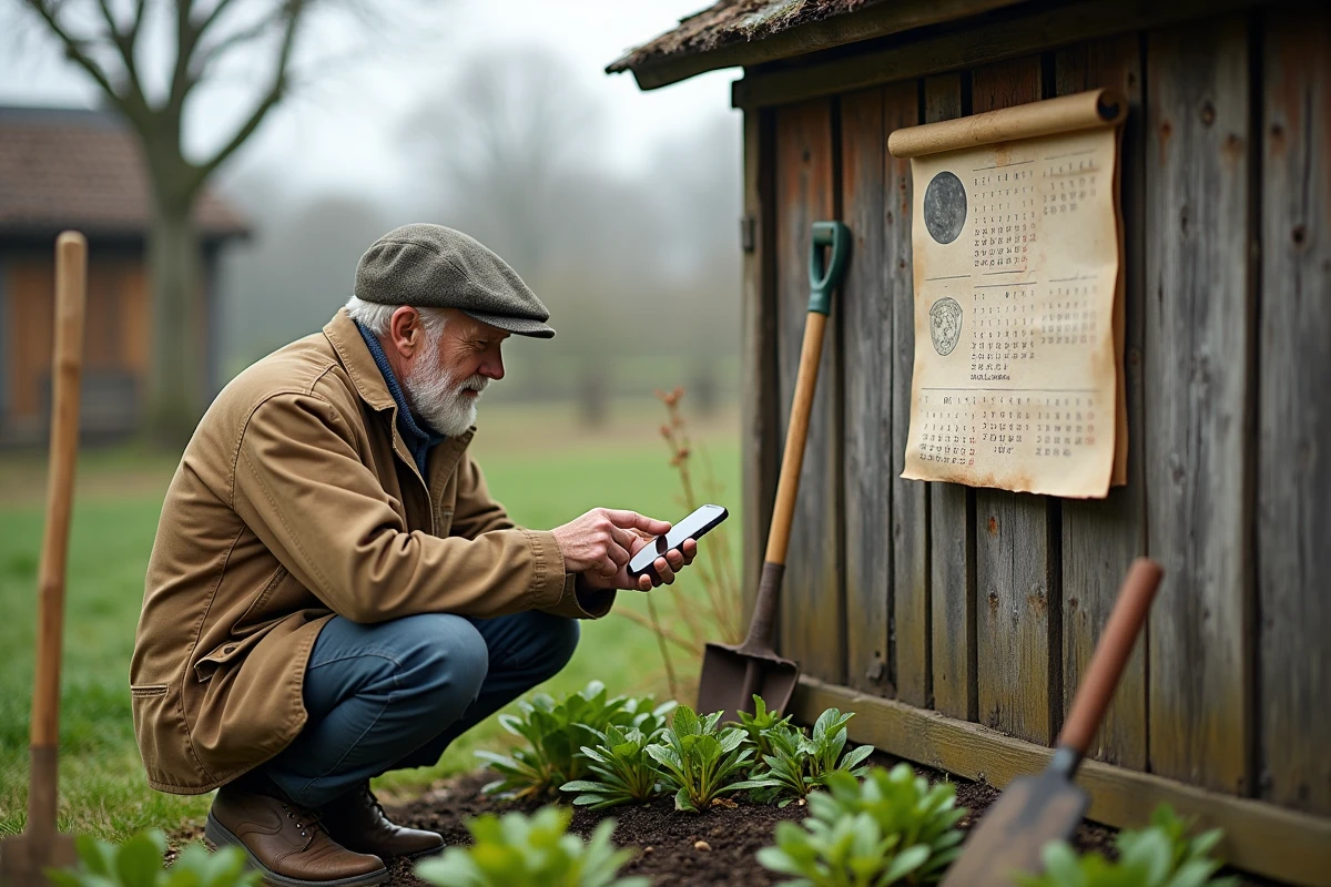 Homme comparant une app lunaire sur smartphone et calendrier papier dans le jardin