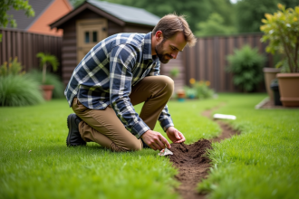 Homme au jardin examinant une piste de fourmis