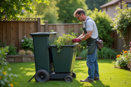 Homme d'âge moyen utilisant un broyeur de jardin dans un jardin