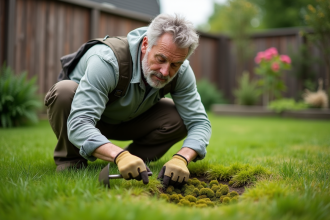 Homme d'âge moyen examinant la mousse dans son jardin