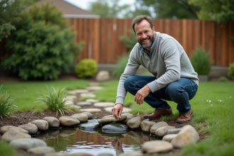 Homme d'âge moyen près d'un étang de jardin en extérieur
