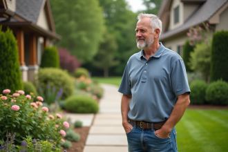 Homme d'âge moyen inspectant un jardin paysager résidentiel