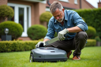 Homme en tenue de jardinage inspectant une lame de tondeuse robot