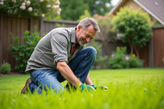 Homme d'âge moyen en tenue de jardinage examine le gazon