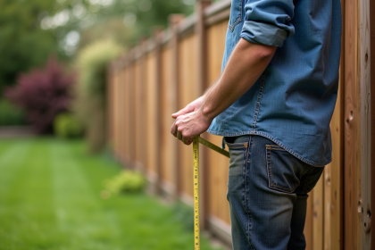 Homme d'âge moyen mesurant une clôture en bois dans un jardin
