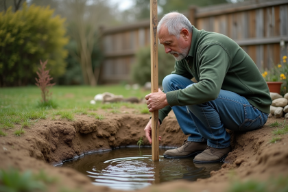 Homme d'âge moyen mesurant la profondeur d'un bassin de jardin
