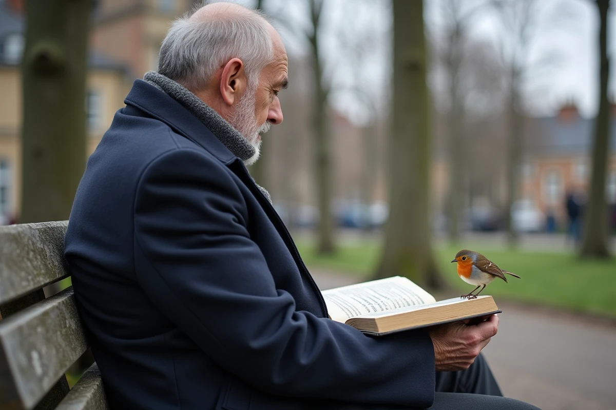 Homme lisant un livre avec un robin dans un parc urbain