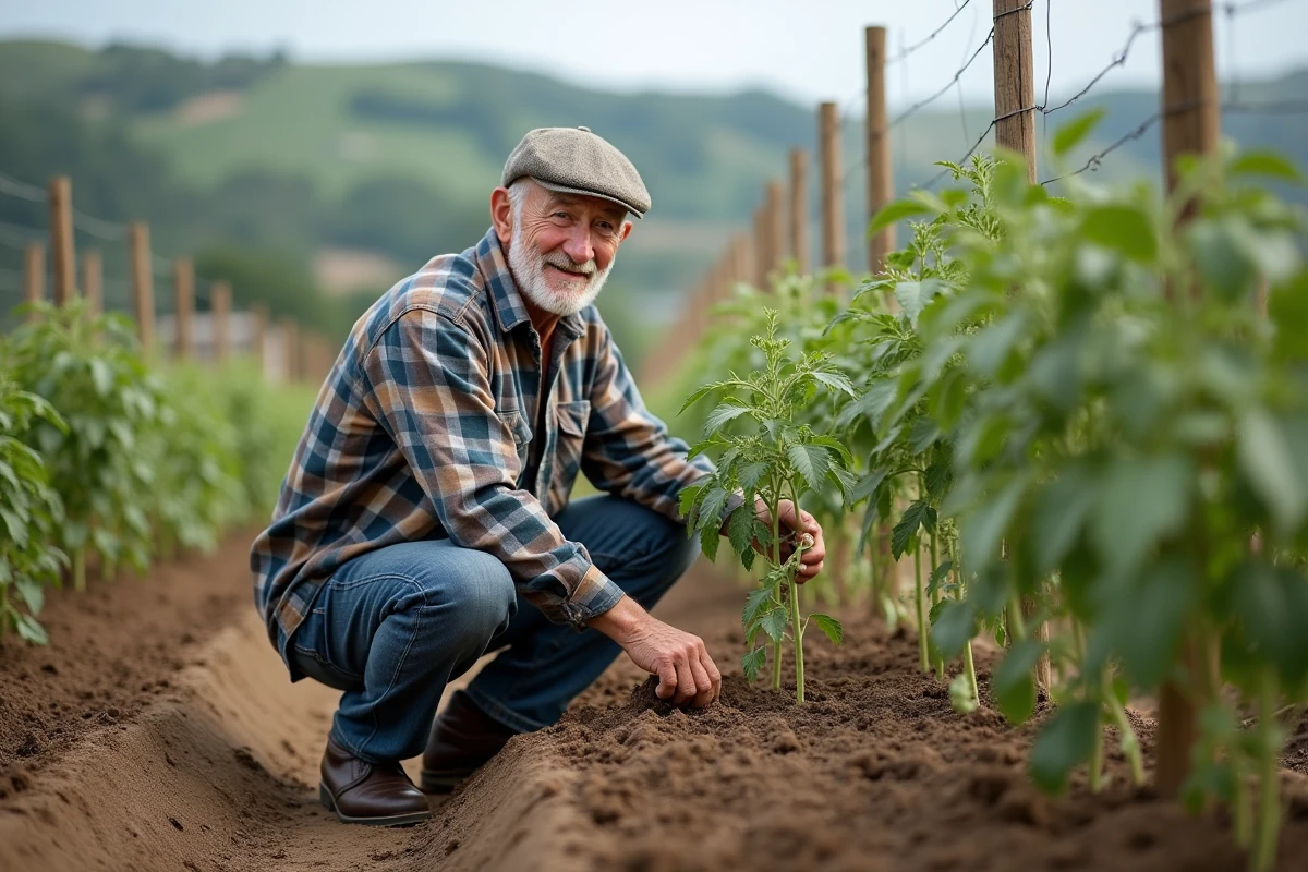Senior homme plantant des tomates dans un potager rural