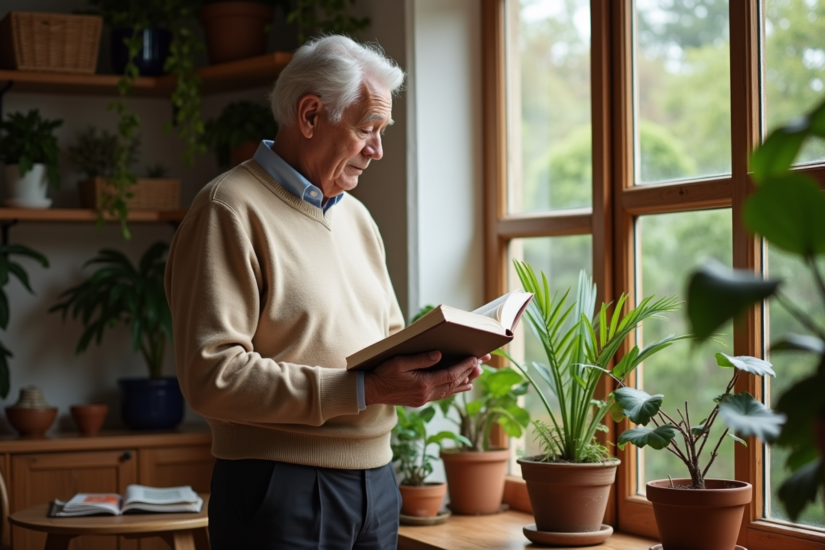 Homme âgé regardant ses plantes d