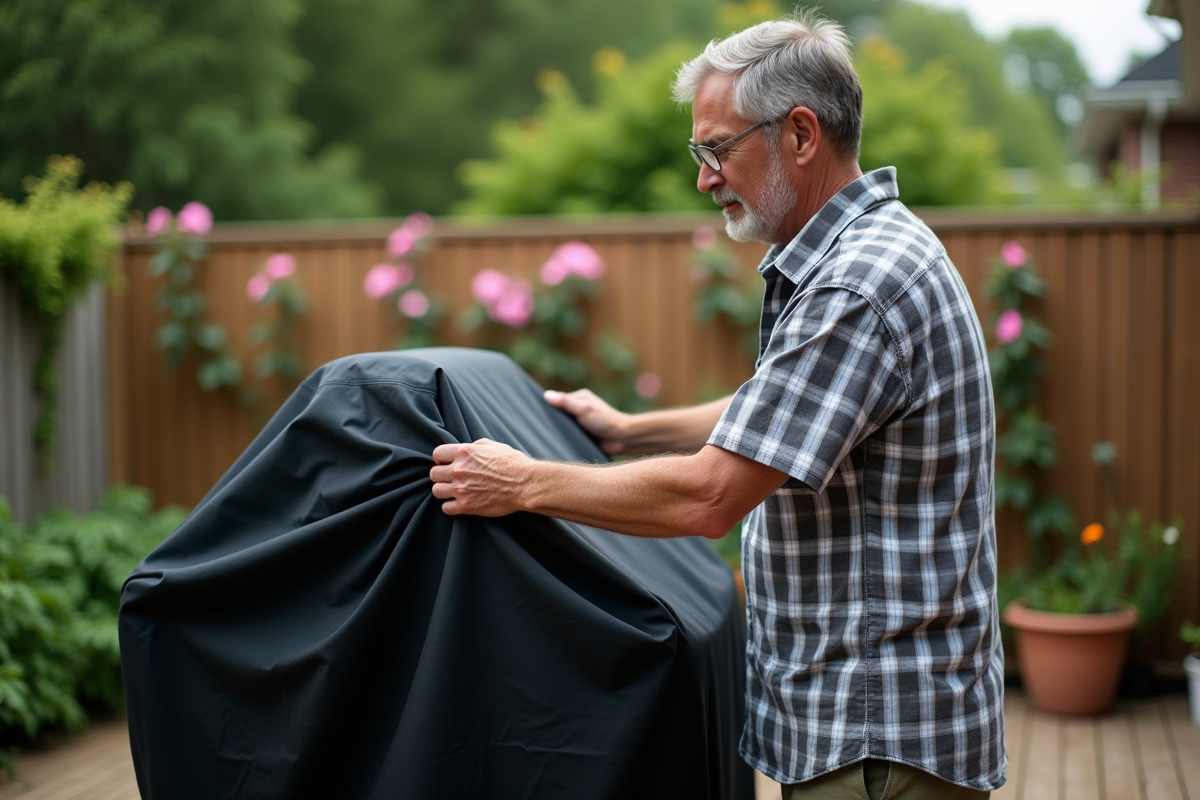 Homme d'âge moyen ajustant une housse de barbecue dans un jardin