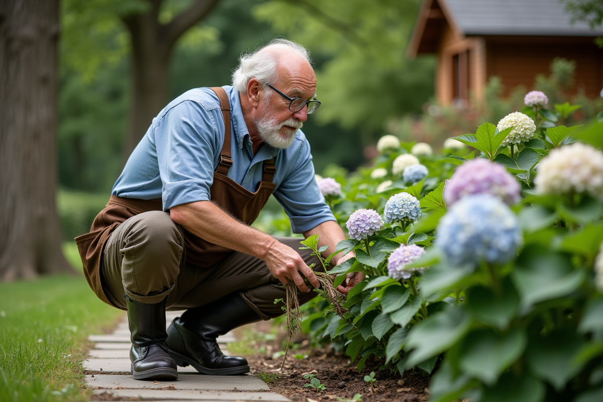 Homme âgé inspecte un hortensia après taille dans son jardin