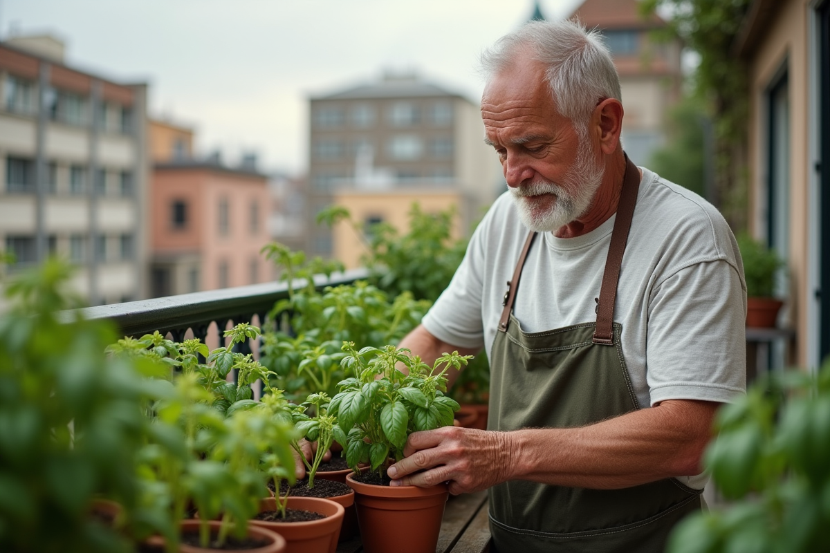 Homme âgé replantant du basilic sur un balcon urbain