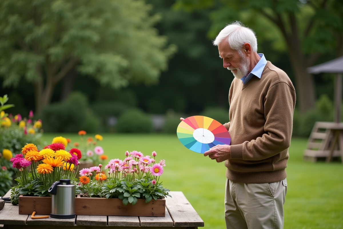Homme âgé étudiant une roue des couleurs dans le jardin