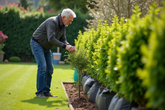 Homme inspectant jeunes haies dans un jardin suburbain
