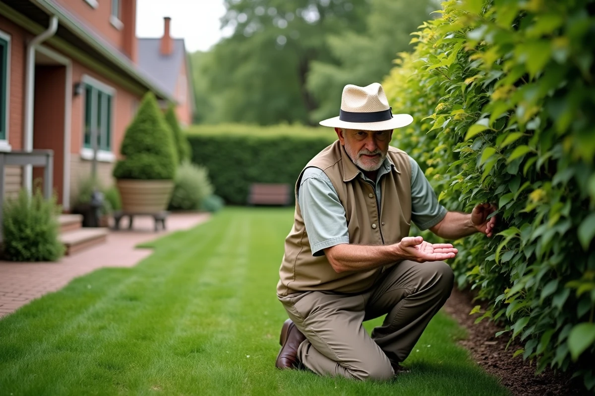 Homme âgé montrant la taille de la haie de laurier