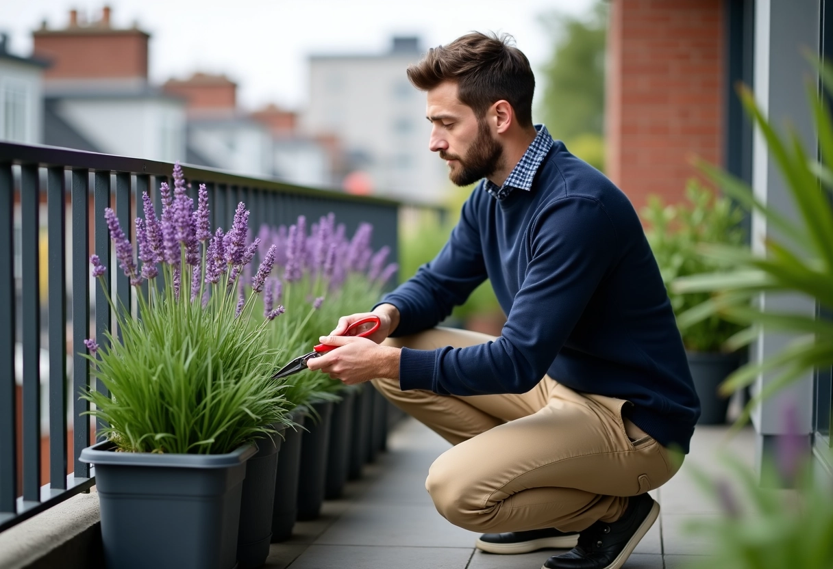 Jeune homme prunant une lavande sur un balcon urbain