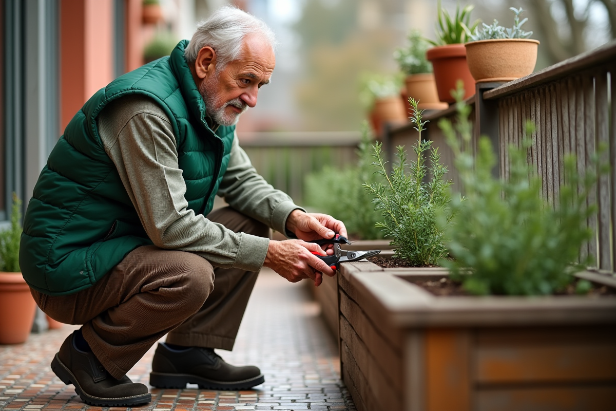 Homme âgé taillant du thym sur un balcon urbain