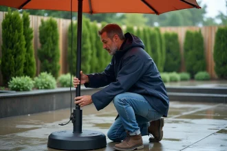 Homme en jeans et veste marine ajustant une grande ombrelle sur terrasse