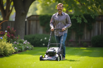 Homme d'âge moyen avec tondeuse dans jardin verdoyant