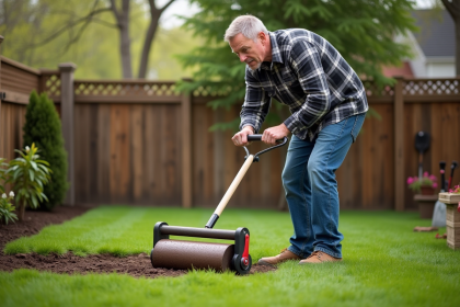 Homme d'âge moyen poussant une rouleuse à gazon dans un jardin