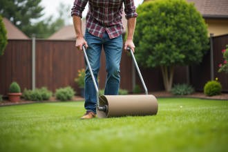 Homme d'âge moyen utilisant une tondeuse manuelle dans son jardin