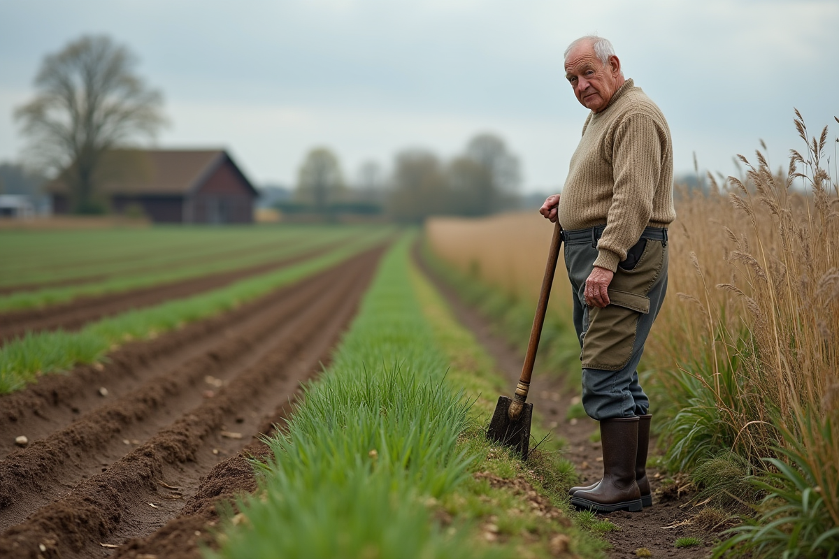 Homme âgé avec houe surveillant prêle des champs dans un champ rural