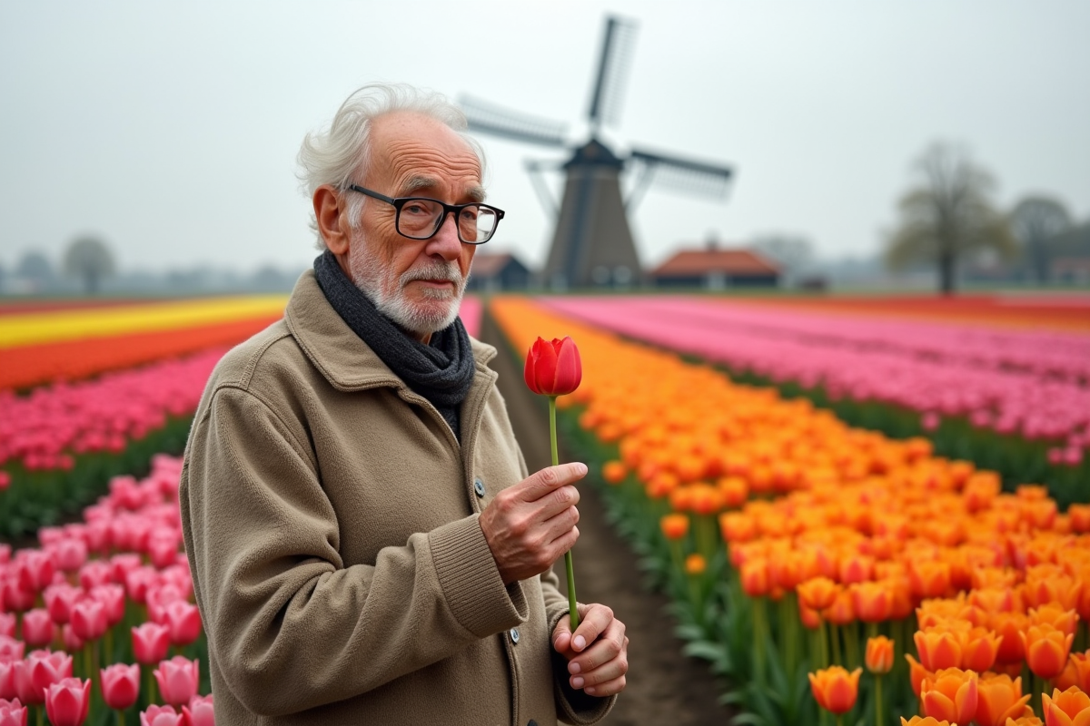 Homme âgé dans un champ de tulipes aux Pays-Bas