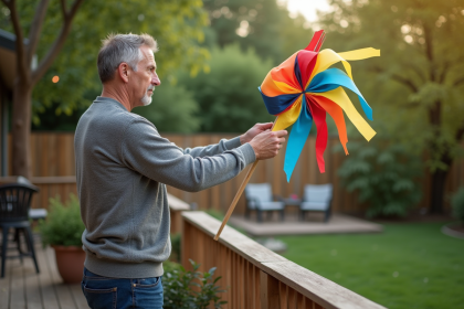 Homme d'âge moyen tenant un cerf-volant artisanal dans le jardin