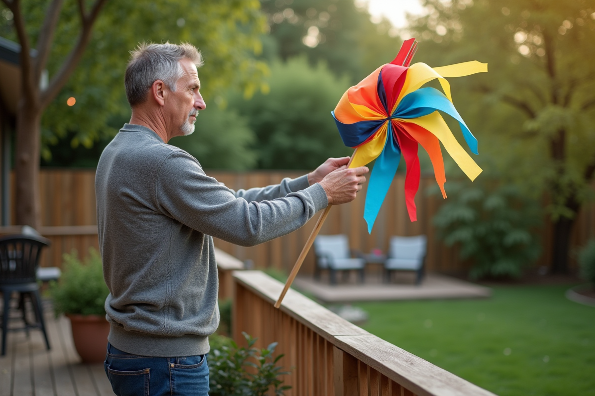 Homme d'âge moyen tenant un cerf-volant artisanal dans le jardin