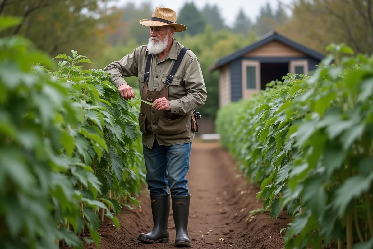 Homme âgé inspectant les feuilles de tomates dans un jardin