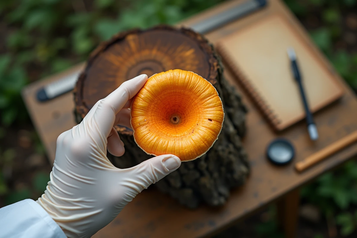 Main gantée tenant un champignon polypore orange pour identification mycologique en forêt