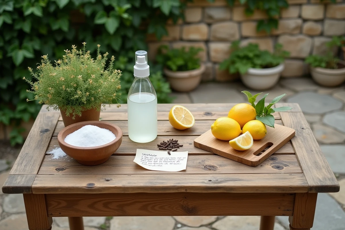 Ingrédients naturels pour fabriquer un désherbant maison : vinaigre blanc, sel, citron et clous de girofle posés sur une table en bois