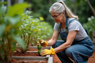 Jardinière inspectant les feuilles jaunissantes d'un plant de christophine dans un potager antillais, erreur de culture visible sur la végétation