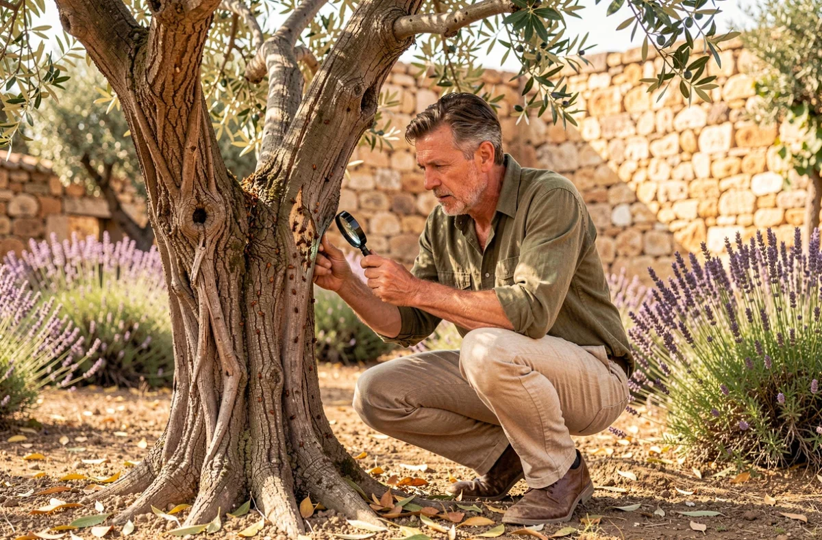 Jardinier inspectant un olivier pour détecter des parasites sur l'écorce et les branches dans un jardin provençal